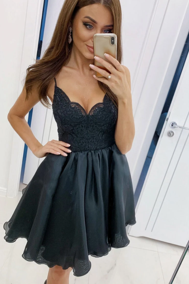 Black v neck lace tulle short dress black short dress Homecoming Dress   cg10820