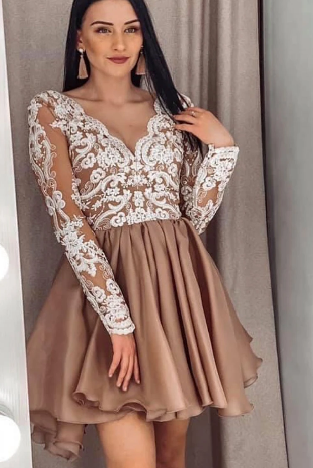 Champagne v neck lace short homecoming dress lace bridesmaid dress   cg10821