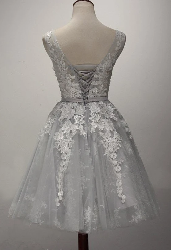 Adorable Tulle Short Lace Applique Graduation Dress, Grey Homecoming Dress   cg10846