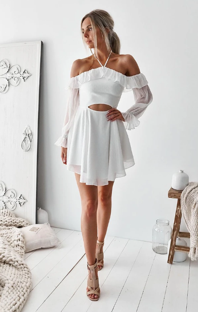 SIMPLE WHITE CHIFFON SHORT DRESS WHITE CUTE SUMMER DRESS Homecoming Dress   cg10847