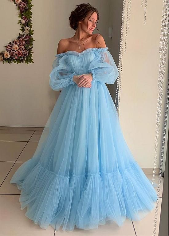 Modest Tulle Off-the-shoulder Neckline Floor-length A-line Prom Dresses With Lace Appliques    cg10851