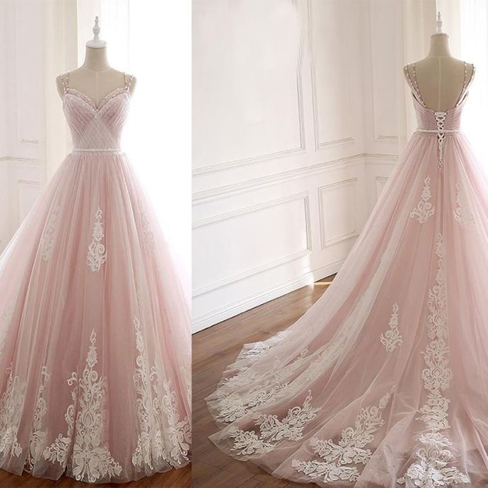 Pink Prom Dress,Tulle Prom Gown,Appliques Evening Dress,Spaghetti Straps Prom Gown   cg10889