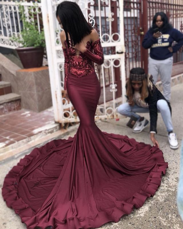 Sexy Burgundy Sequins Mermaid Prom Dresses | Cheap Long Sleeves Evening Dresses    cg10947