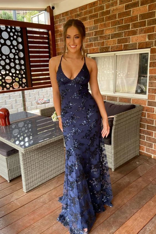 navy blue mermaid tulle and sequins long formal prom dress with v neckline and lace up back   cg10962