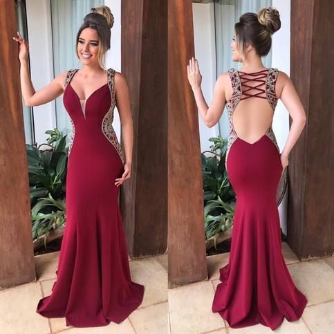 Burgundy Mermaid Prom Dress Sexy Open Back Beaded Floor Length Luxury Evening Party Gowns   cg11052