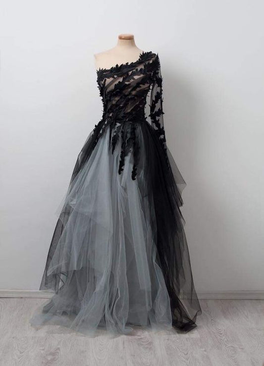 Black Ball Gown Wedding Dresses Tulle one shoulder Wedding Gown Unique prom dress  cg11090