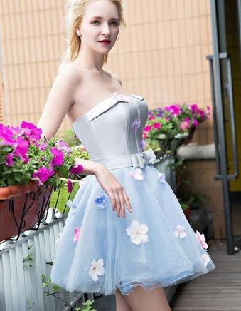 A-Line Strapless Short Light Blue Tulle Homecoming Dress with Flowers,Simple Homecoming Dresses cg1111