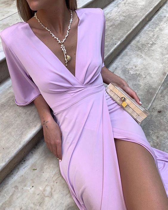 Purple v neck long prom dress with split   cg11125
