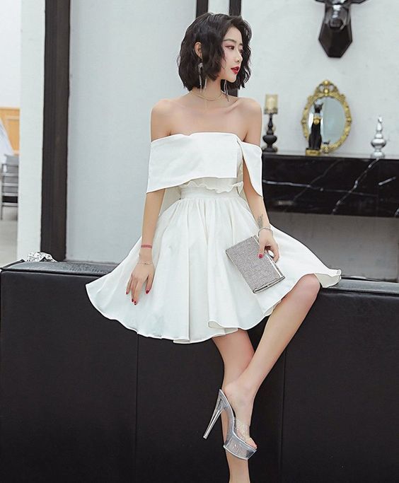 Cute white satin short dress white homecoming dress   cg11126