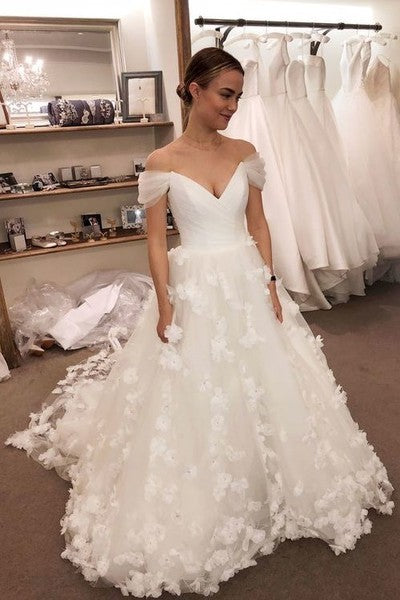 White Off Shoulder V Neck Wedding Dress Flowers Tulle Court Train prom dress   cg11133