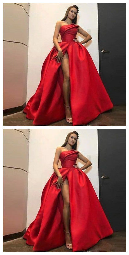 Sexy Slit Red Satin Prom Dress Formal Evening Party One Shoulder Gown    cg11251