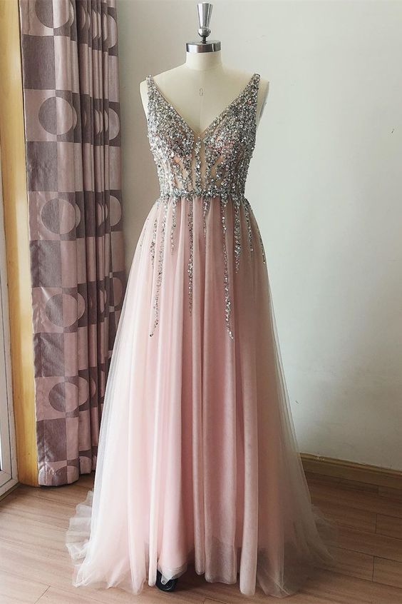 sparkle silver sequins pink tulle long formal dress prom dress   cg11299
