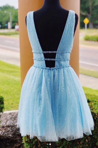 V-Neck Sparkling Beading Sky Blue Short Homecoming Dress   cg11328