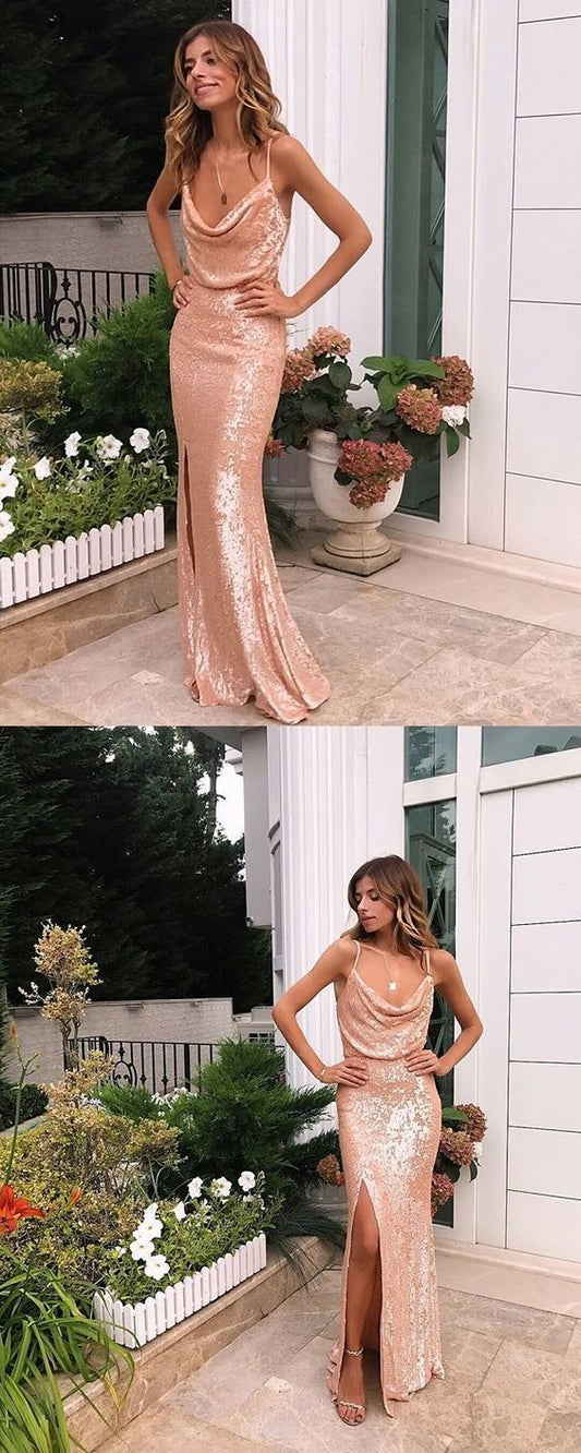 Sexy Spaghetti Straps Gold Sequins Sheath Long Prom Dress with Side Split   cg11386