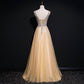 Light Champagne Sequins Shiny Tulle Long Prom Dress, Elegant Party Dress   cg11409