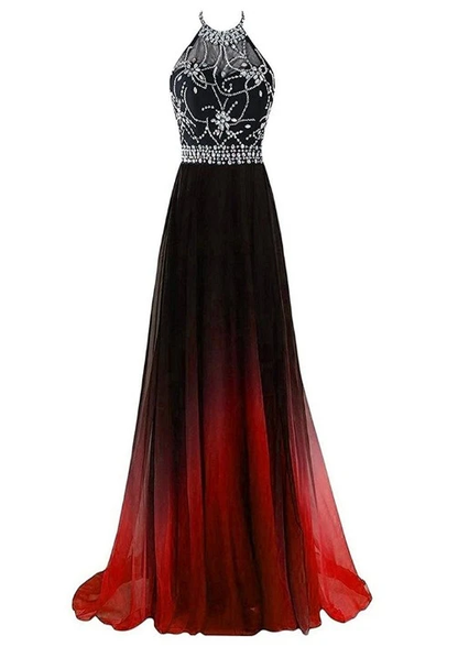 Beautiful Long Beaded Chiffon Gradient Halter Party Dress, A-Line Prom Dress   cg11469