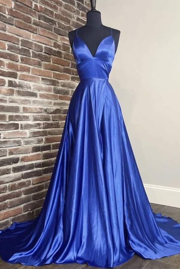 A Line V Neck Blue Long Prom Dress, V Neck Blue Formal Graduation Evening Dress   cg11491