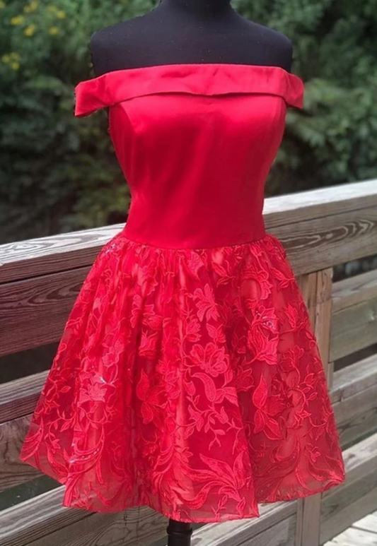 Off Shoulder Red Lace Formal Graduation Dress, Red Lace Homecoming Dress   cg11493