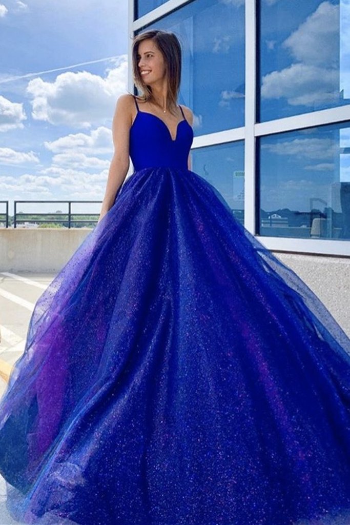Shiny V Neck Blue Prom Dress, Sparkly V Neck Blue Ball Gown, Blue Formal Evening Dress   cg11540