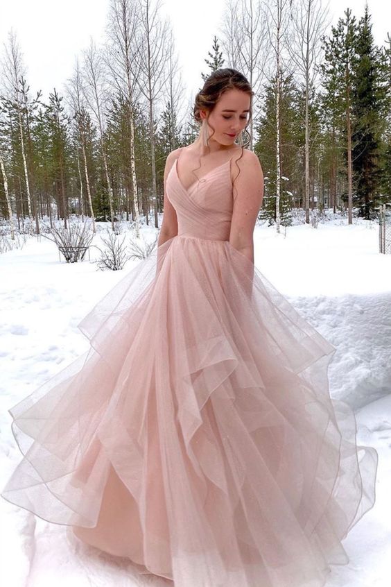 straps v neck pink long ball gown prom dress with cascade   cg11562