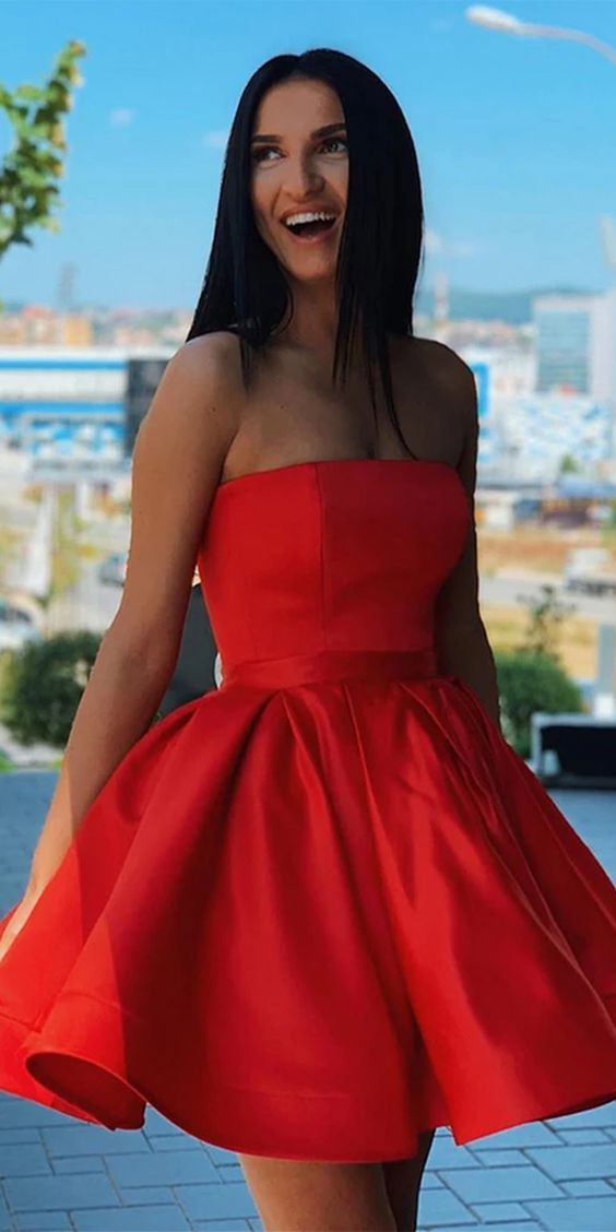 Simple Red Satin Strapless Short Formal Homecoming Dress   cg11564