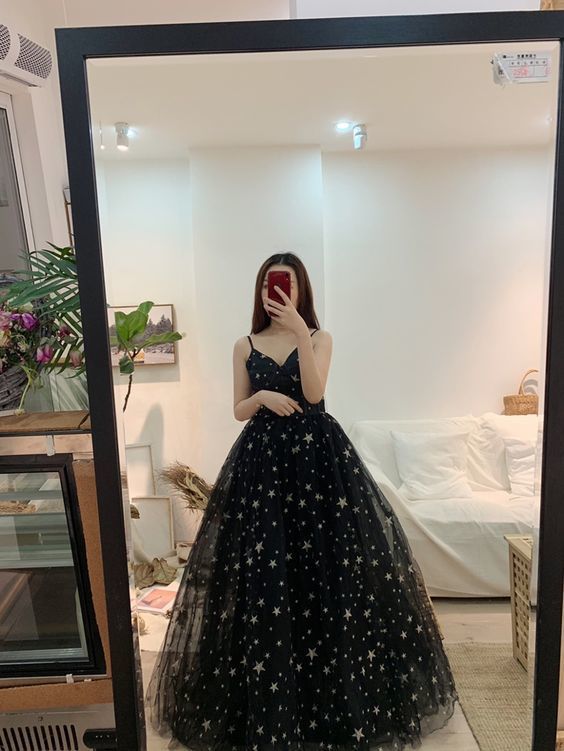Sexy Black Prom Dresses A-Line / Princess Spaghetti Straps Sleeveless Star Embroidered Floor-Length   cg11603