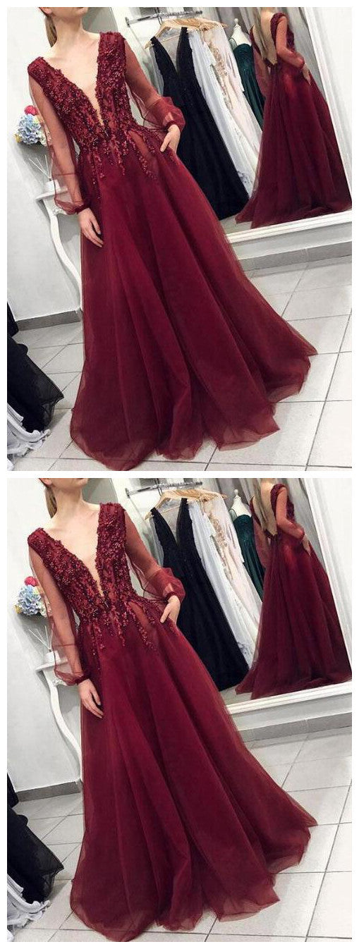 Elegant Deep V-neck Burgundy Backless Prom Dress With Long Puff Sleeves  cg1164