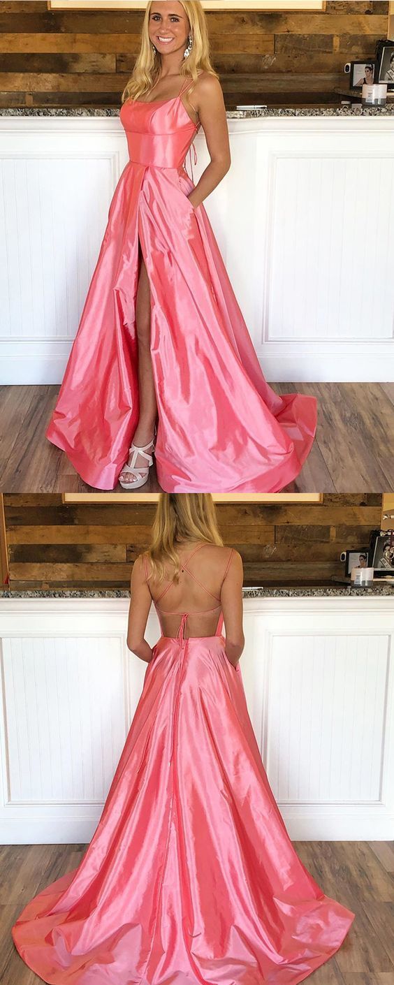 Simple Peach Pink Double Straps Prom Dress with Side Slit   cg11654