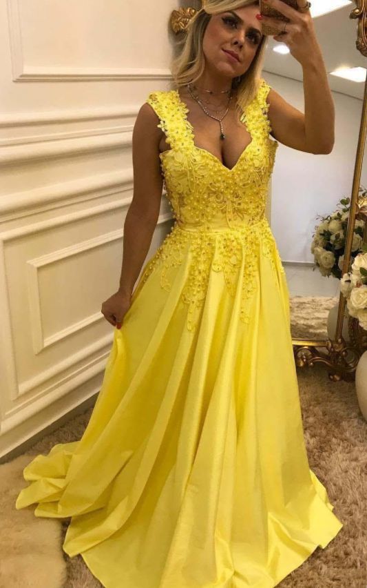 Yellow Prom Dresses Lace Appliques Pearls Evening Dresses   cg11655