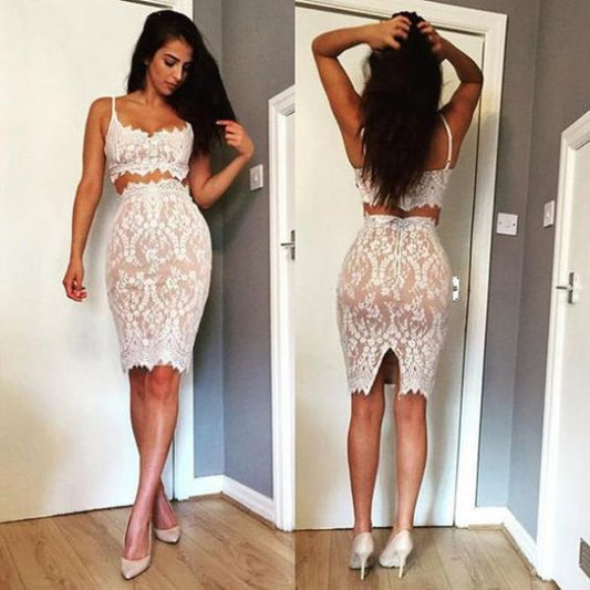 Two Piece Mermaid Dress,White Sweetheart Homecoming Dress   cg11658