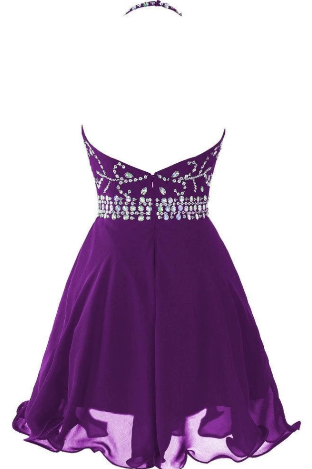 Beautiful Purple Chiffon Halter Beaded Homecoming Dress, Knee Length Party Dress   cg11704