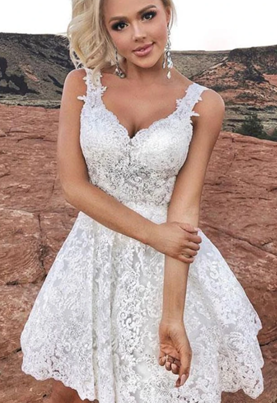 Cute V Neck Short White Lace Homecoming Dress   cg11741