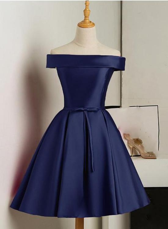 Beautiful Navy Blue Satin Knee Length Homecoming Dress  cg11775