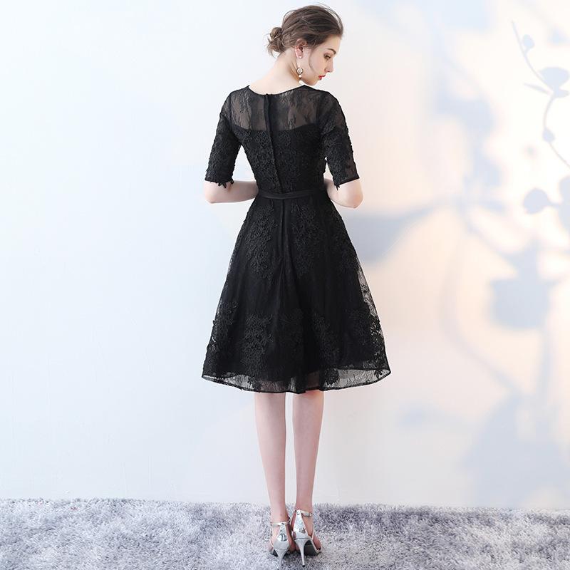 Cute Black Lace Short Sleeves Party Dress, Black Lace Homecoming Dress   cg11776