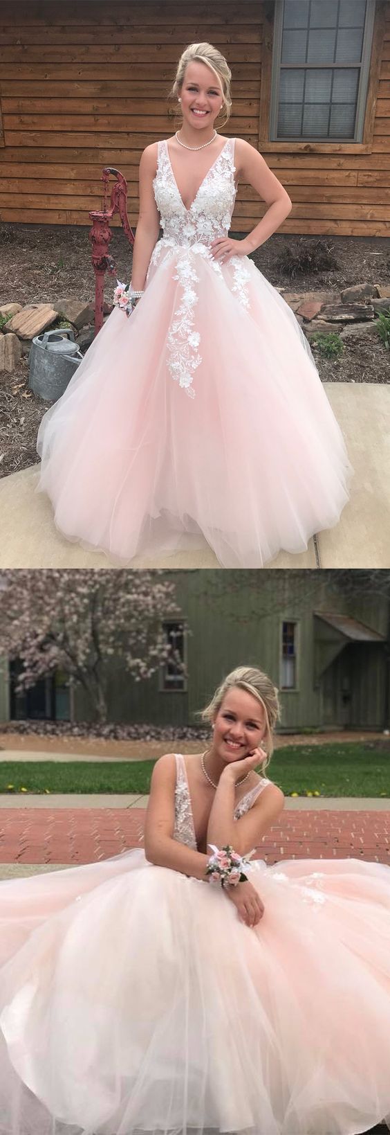Pink V neck Tulle Long Prom Dress with white Appliques, Formal Dress   cg11810
