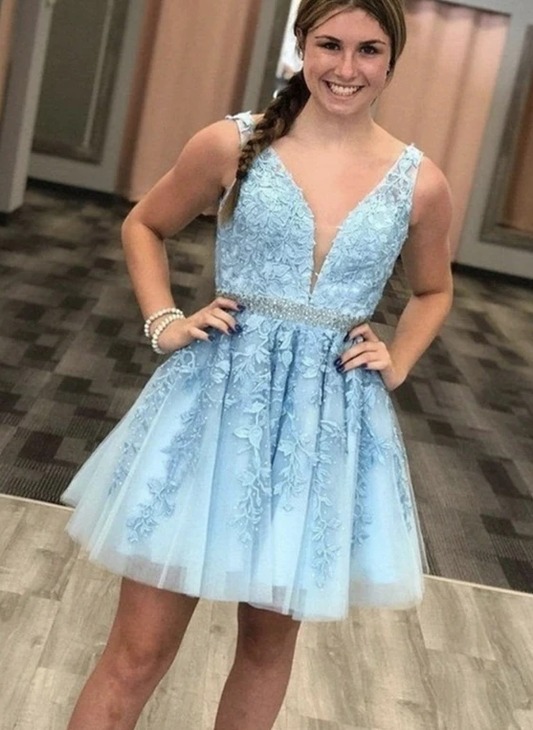 Blue v neck tulle lace short party dress Short Homecoming Dress    cg11811