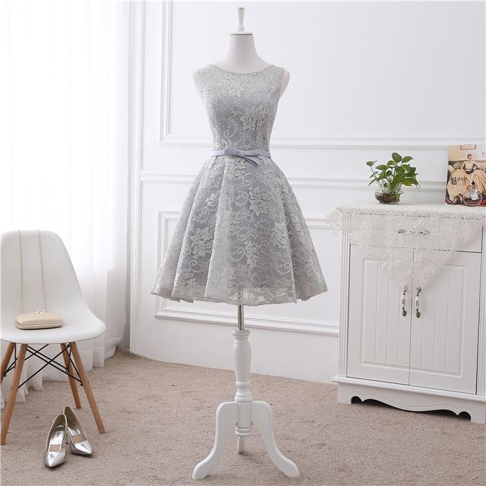 Cute Short Grey Lace Briesmaid Dress, Knee Length Homecoming Dress    cg11848