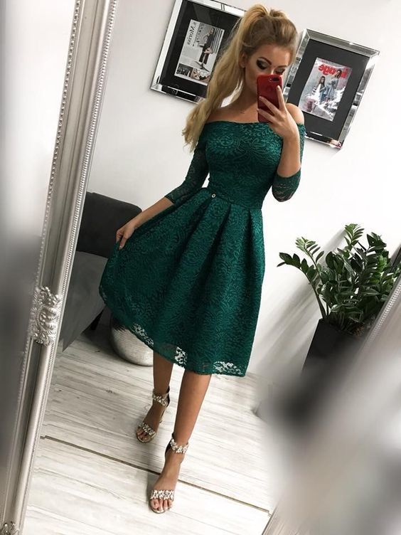 Off the shoulder green lace prom dress , short prom dress   cg11852