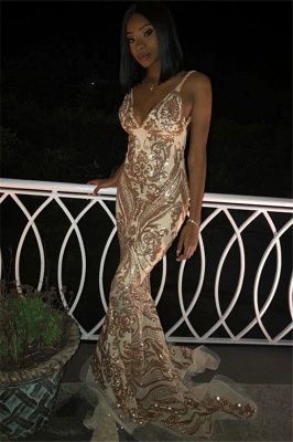 Sexy V-Neck Spaghetti Straps Sleeveless Gold Appliques Mermaid Long Prom Dress   cg11862