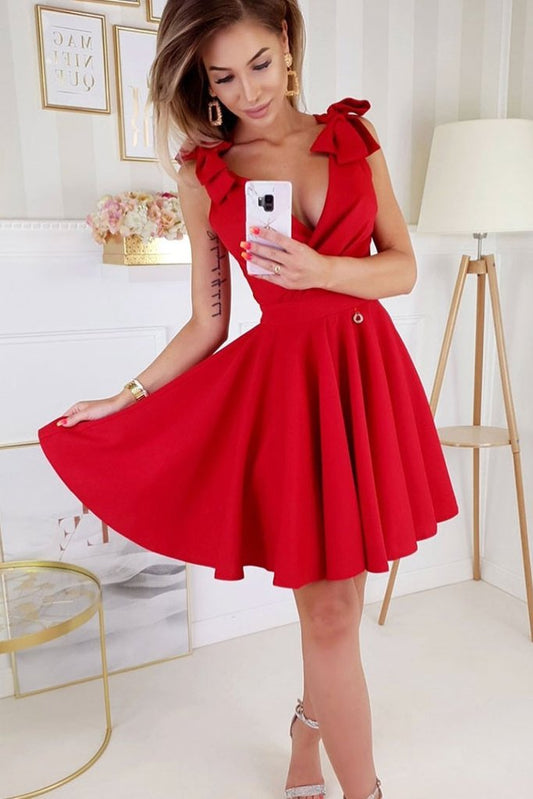 RED V NECK SATIN SHORT DRESS RED SATIN HOMECOMING DRESS   cg11899