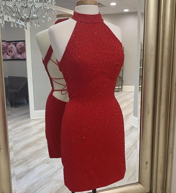 High Collar Rhinestone Red Homecoming Dress    cg11949