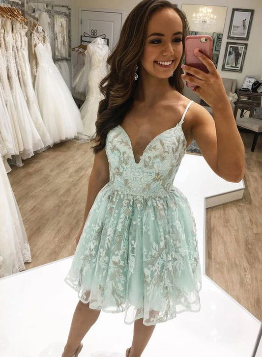 Stylish A Line Spaghetti Straps Light Blue Short Homecoming Dress Appliques   cg11982