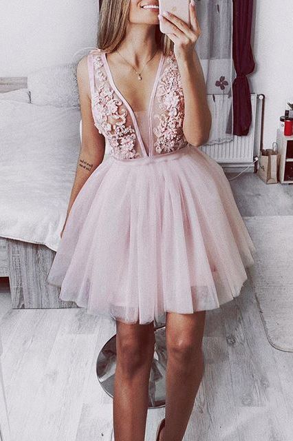 Tulle Pink Homecoming Dress Applique V-neck Short dress   cg11984