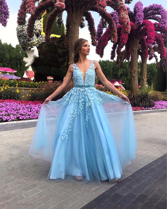 Blue A-line Lace Appliqued Long Prom Dress   cg11989