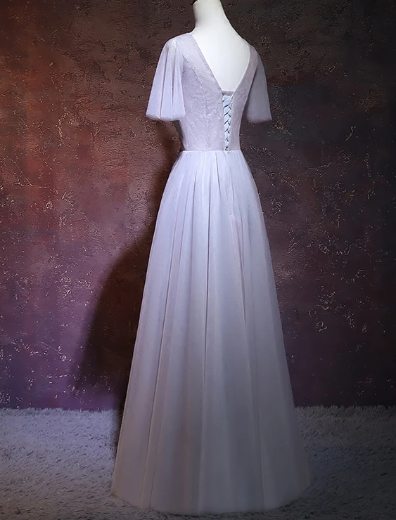 Light Grey Tulle Long V-Neckline Party prom Dress, Tulle Bridesmaid Dress   cg12004