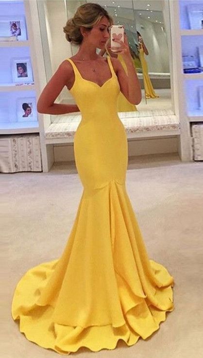 Straps Sleeves Yellow Prom Dress with Tiered Mermaid Party Dress cg1204