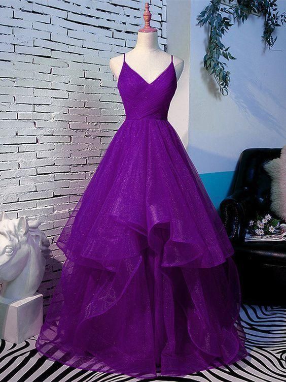 Straps A-Line V Neck Purple Long Prom Dress    cg12051
