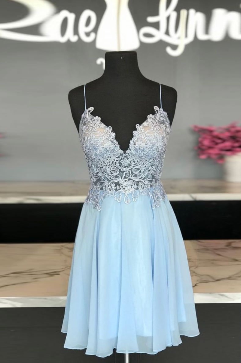 blue sweetheart chiffon lace short dress blue homecoming dress   cg12071