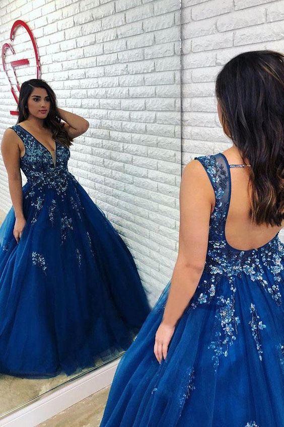 Ball Gown Royal Blue Beaded Long Plus Size Prom Gown with Open Back    cg12084