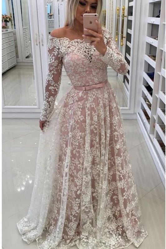 A Line Floor Length Off Shoulder Long Sleeve Lace Prom Dress,Party Dress   cg12085